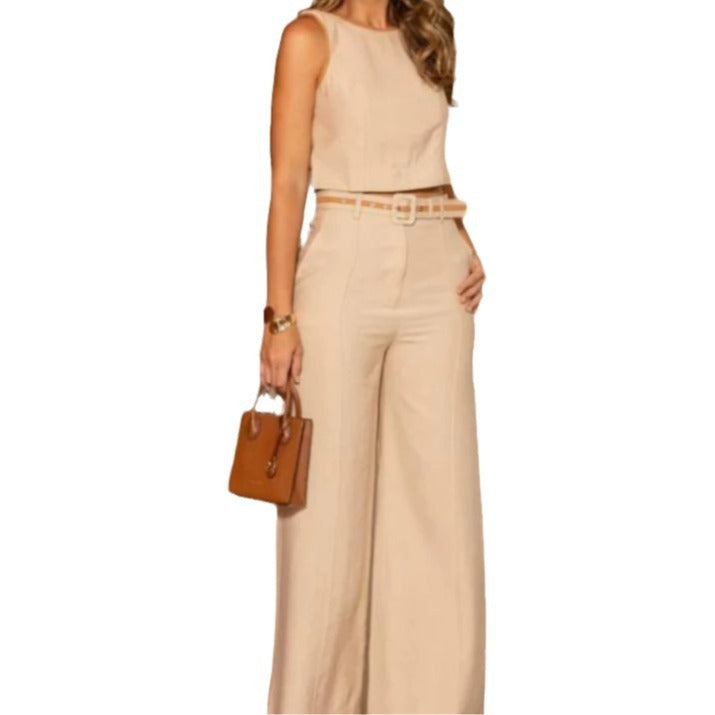 Solid Color Round Neck Sleeveless Short High Waist Wide Leg Pants Suit